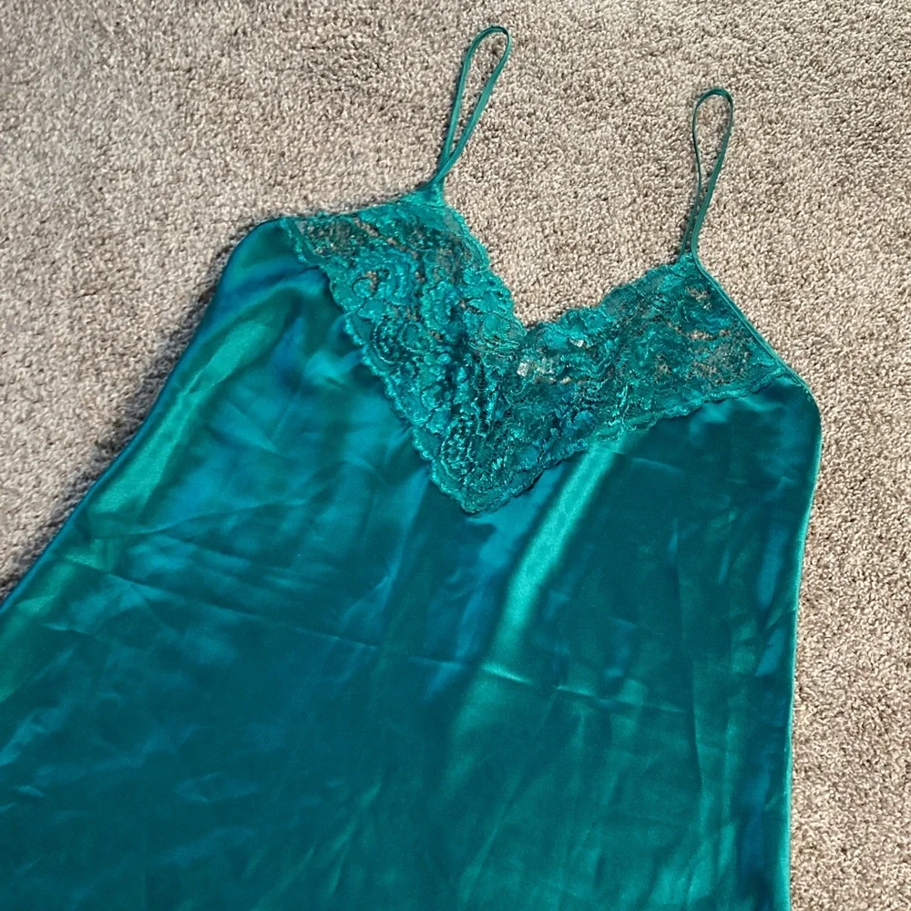 Vintage 90s y2k Alexandra Nicole Green Lace Satin Slip Dress jewel tone sz XXL - Picture 3 of 12